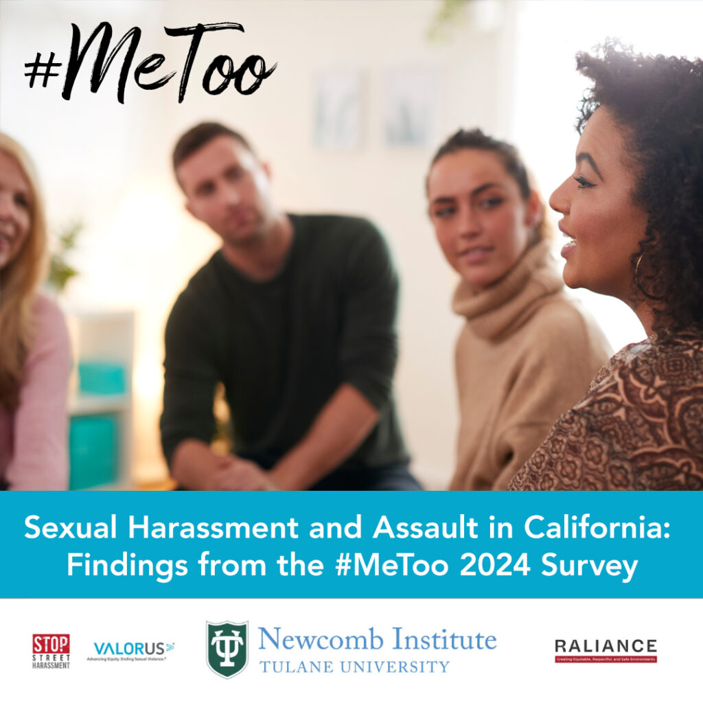 Photo of several people speaking. At the top left corner, there is black text that reads, "#MeToo." Underneath the photo is a blue bar with white text that reads, "Sexual Harassment and Assault in California: Findings from the #MeToo 2024 Survey." At the bottom of the graphic are logos for VALOR, Stop Street Harassment, Newcomb Institute at Tulane University, and RALIANCE.